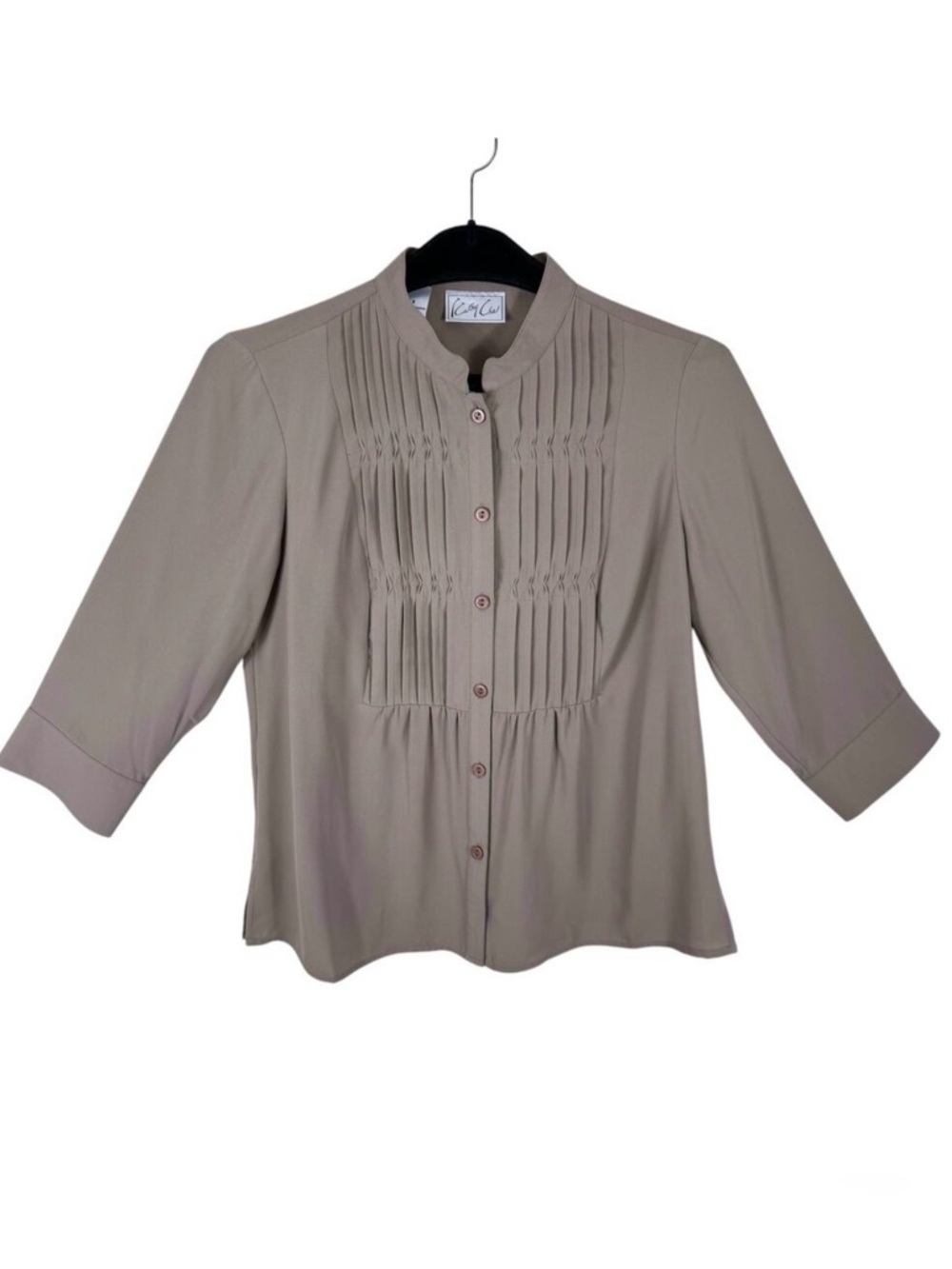Kathy Che Vintage Tan 3/4 Sleeve Crew Neck Pleated Lightweight Button Up Size S4